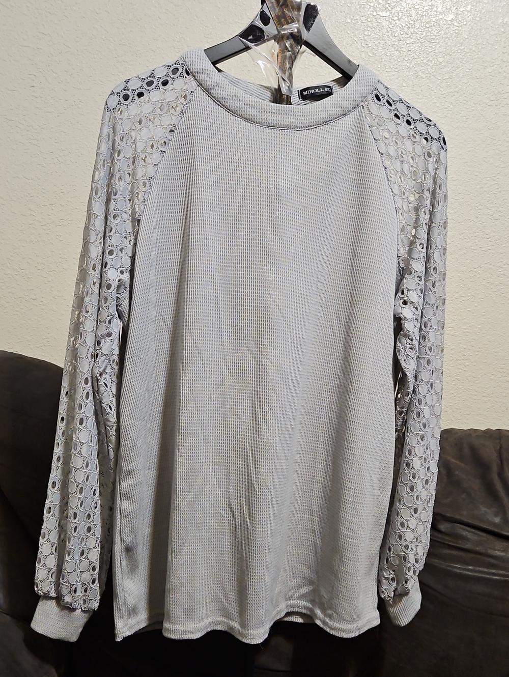 Miholl Light Gray Waffle Knit Long Sleeve Top with Lace Sleeves